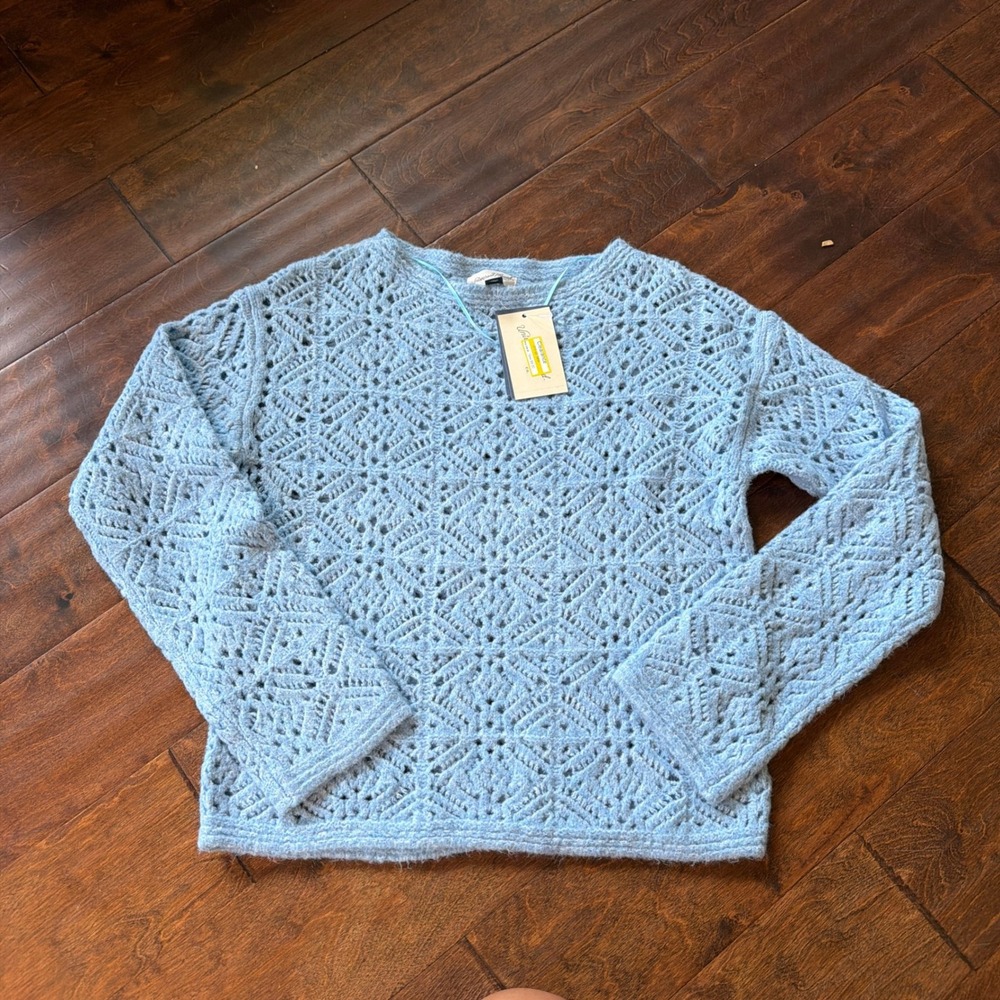 Universal Thread Womens Light Blue Open Knit Crochet Sweater XS New Soft Stretch